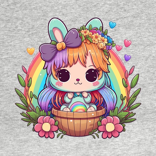 Anime Easter Bunny Girl In Basket. Spring Flowers and Easter Eggs, Rainbow by ElenaDro